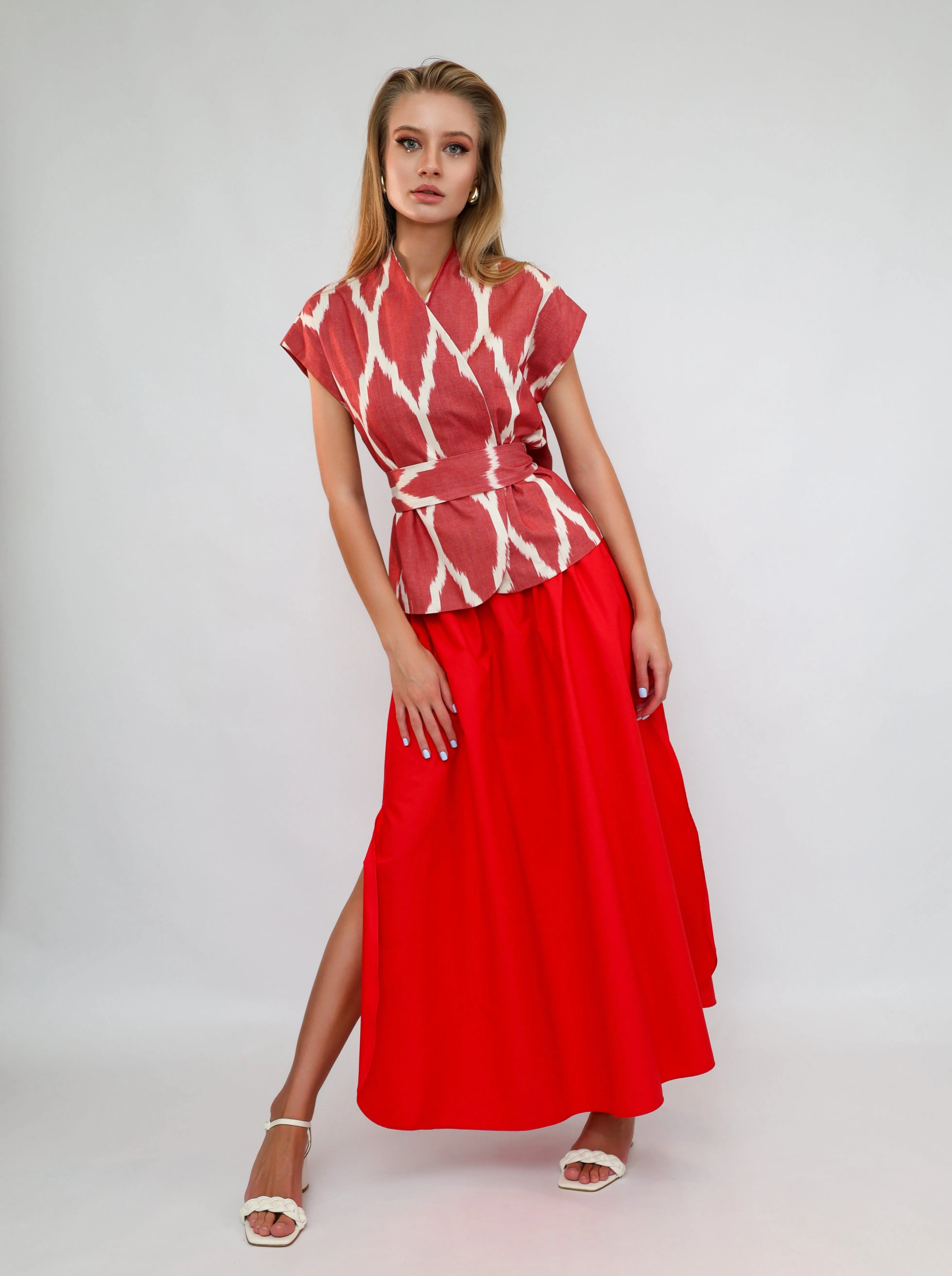 100% Cotton Red Ikat Blouse With Belt