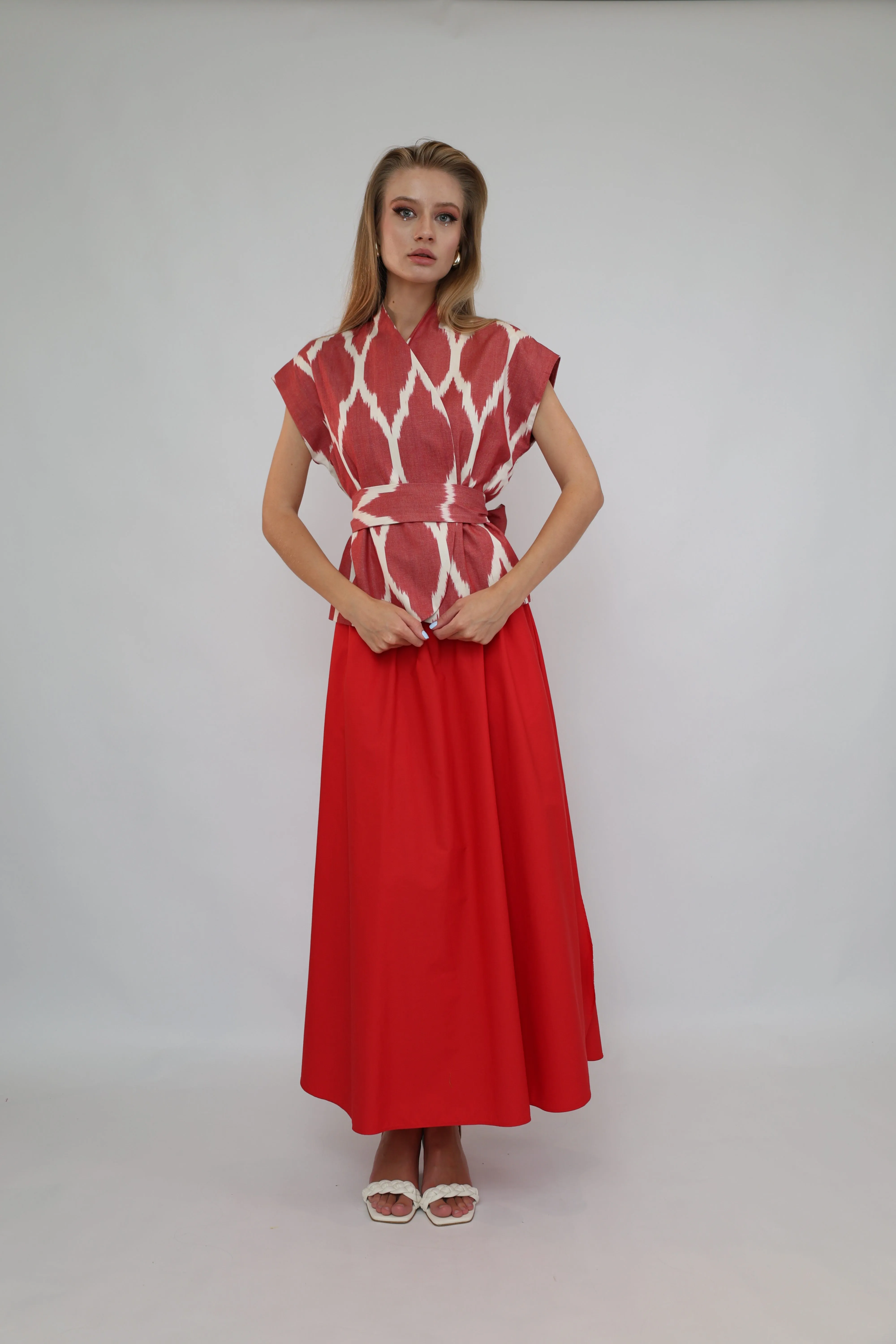 100% Cotton Red Ikat Blouse With Belt