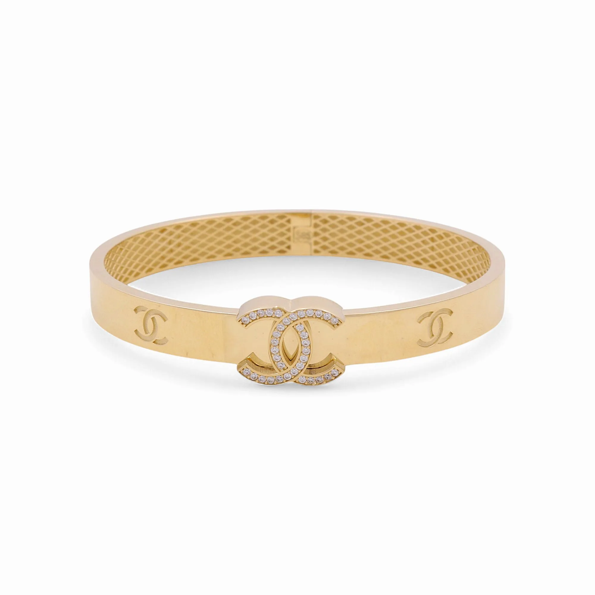 14K Yellow Gold Fashion CC SemiSolid Bangle Bracelet with Cz / Weight: 14.7 GR / DPBB4CC