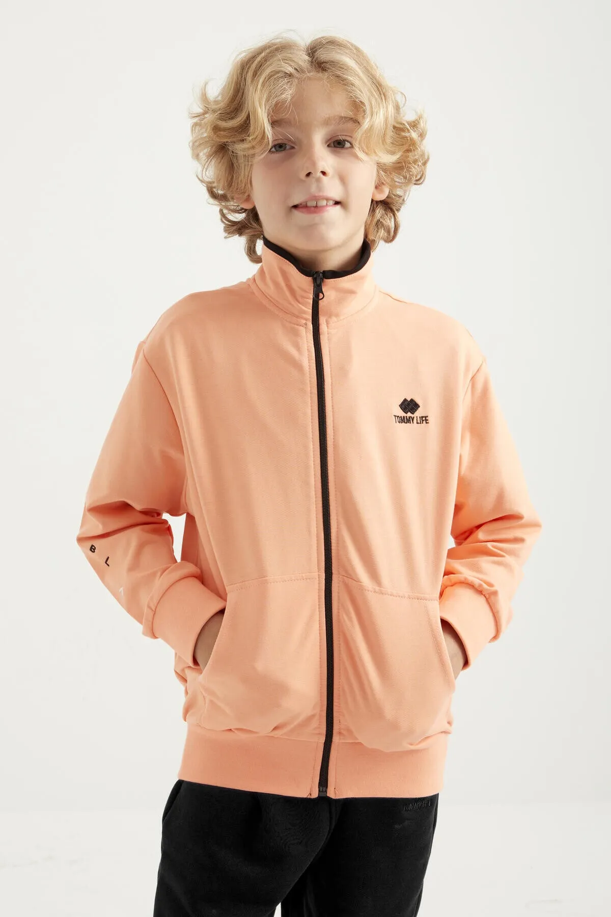 basic dik yaka standart kalip nakiş detayli fermuarli erkek sweatshirt - 11012