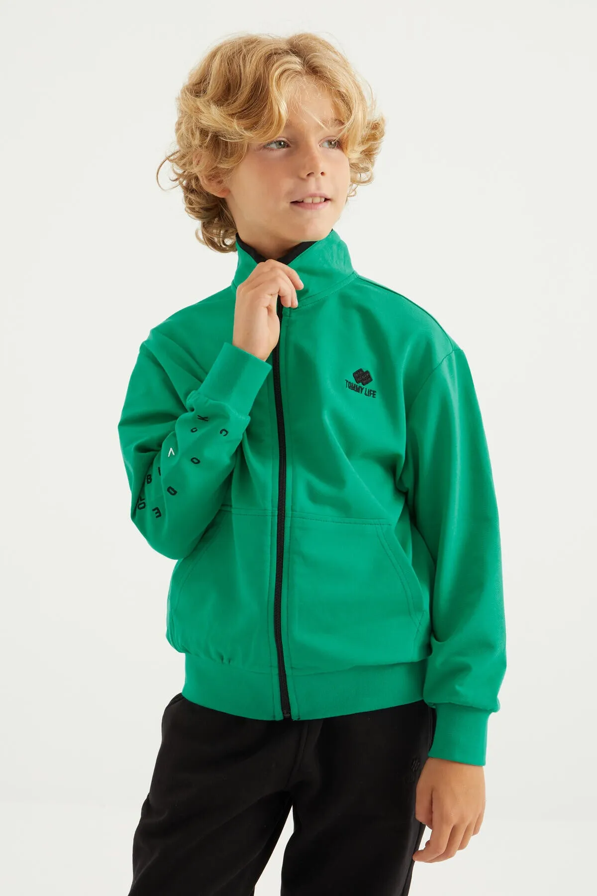 basic dik yaka standart kalip nakiş detayli fermuarli erkek sweatshirt - 11012