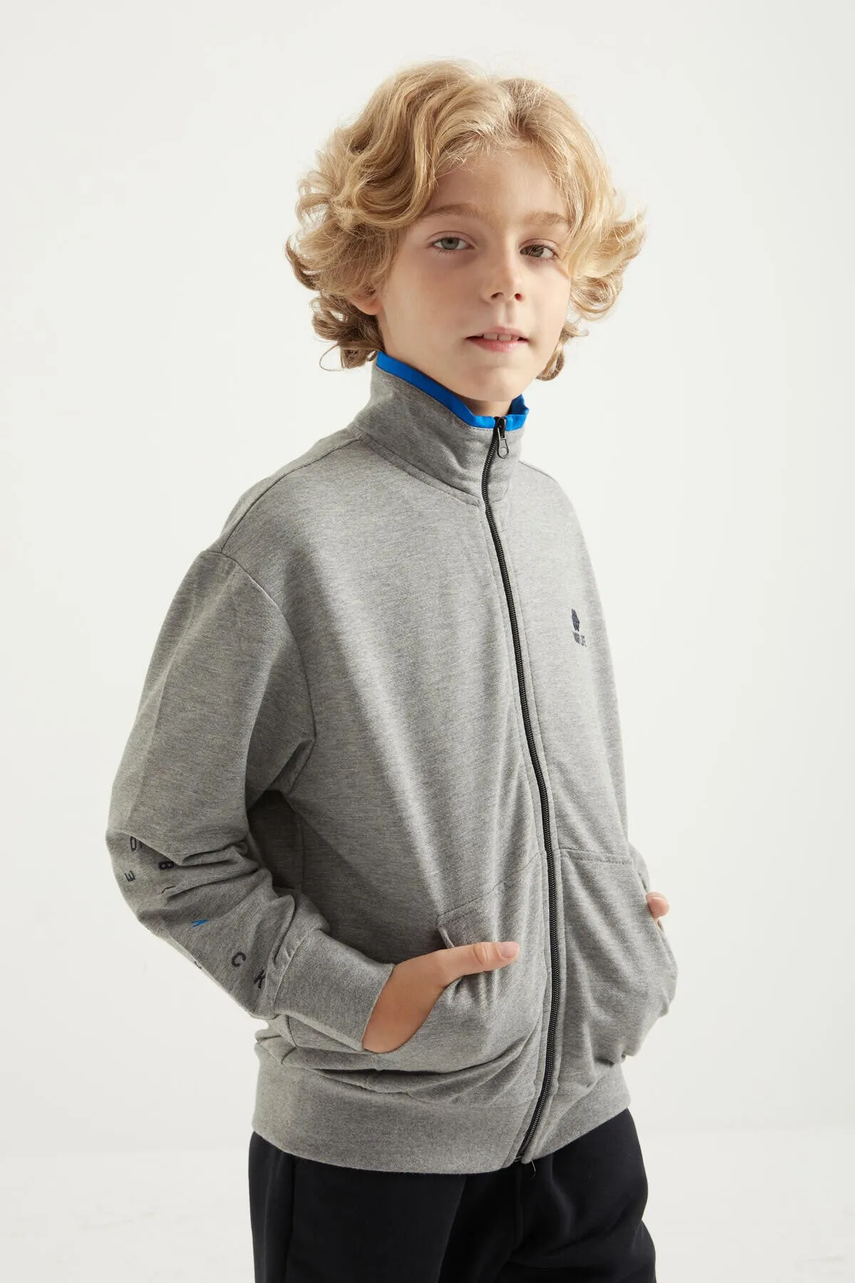 basic dik yaka standart kalip nakiş detayli fermuarli erkek sweatshirt - 11012