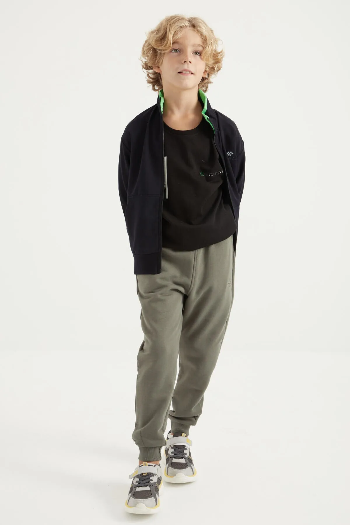 basic dik yaka standart kalip nakiş detayli fermuarli erkek sweatshirt - 11012