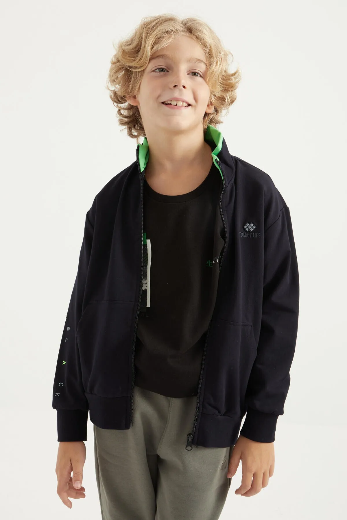 basic dik yaka standart kalip nakiş detayli fermuarli erkek sweatshirt - 11012