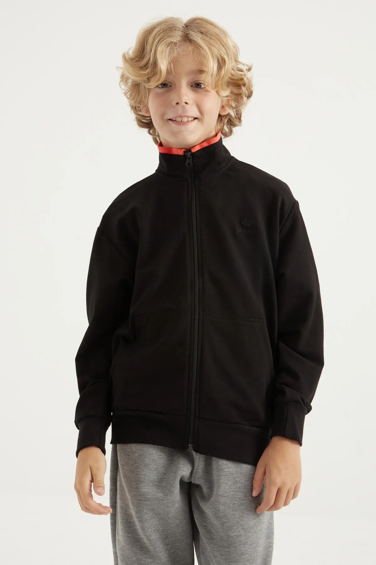 basic dik yaka standart kalip nakiş detayli fermuarli erkek sweatshirt - 11012