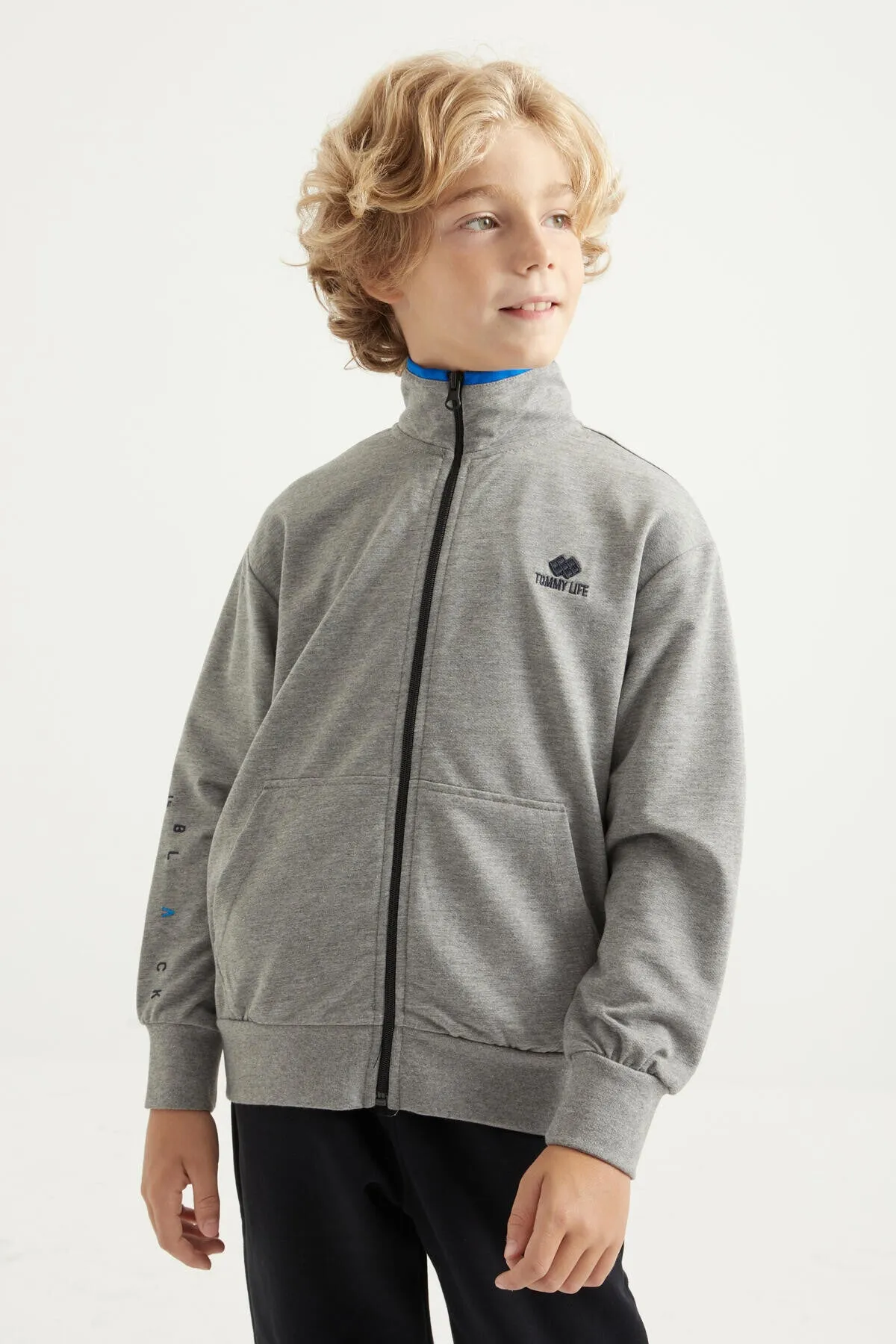 basic dik yaka standart kalip nakiş detayli fermuarli erkek sweatshirt - 11012