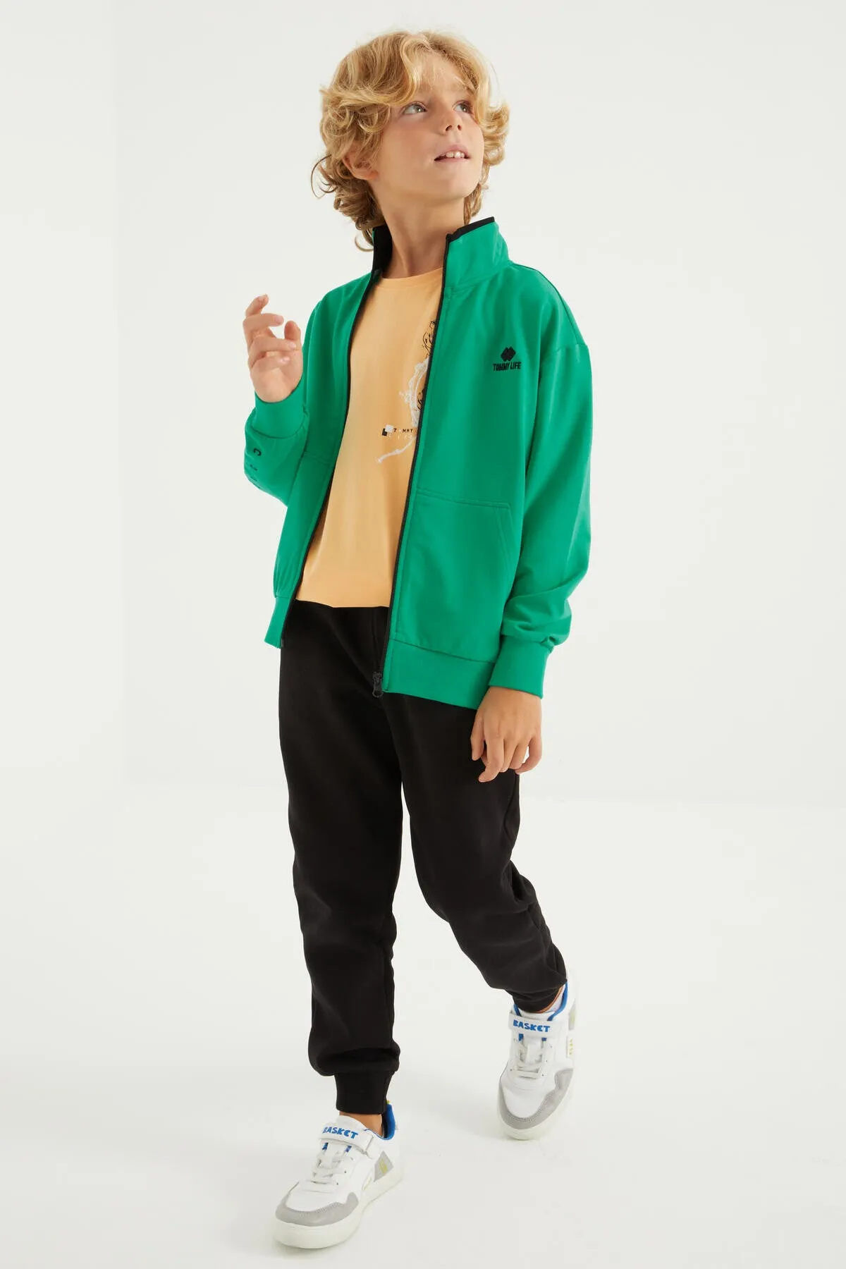 basic dik yaka standart kalip nakiş detayli fermuarli erkek sweatshirt - 11012