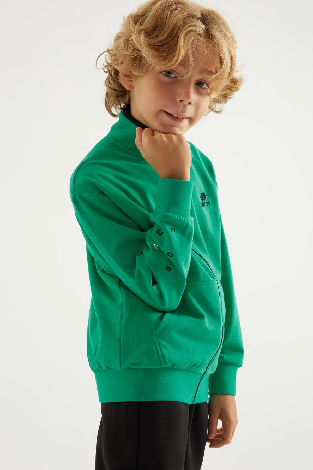 basic dik yaka standart kalip nakiş detayli fermuarli erkek sweatshirt - 11012