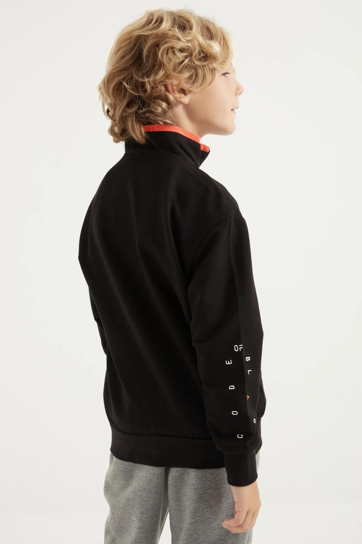 basic dik yaka standart kalip nakiş detayli fermuarli erkek sweatshirt - 11012