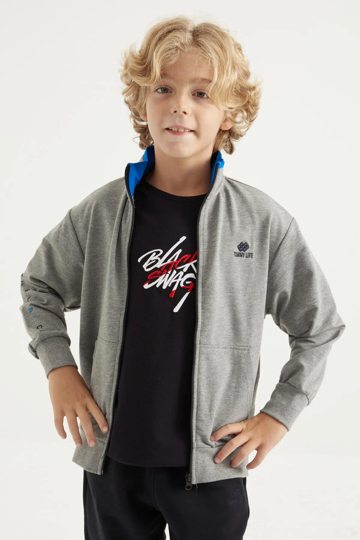 basic dik yaka standart kalip nakiş detayli fermuarli erkek sweatshirt - 11012