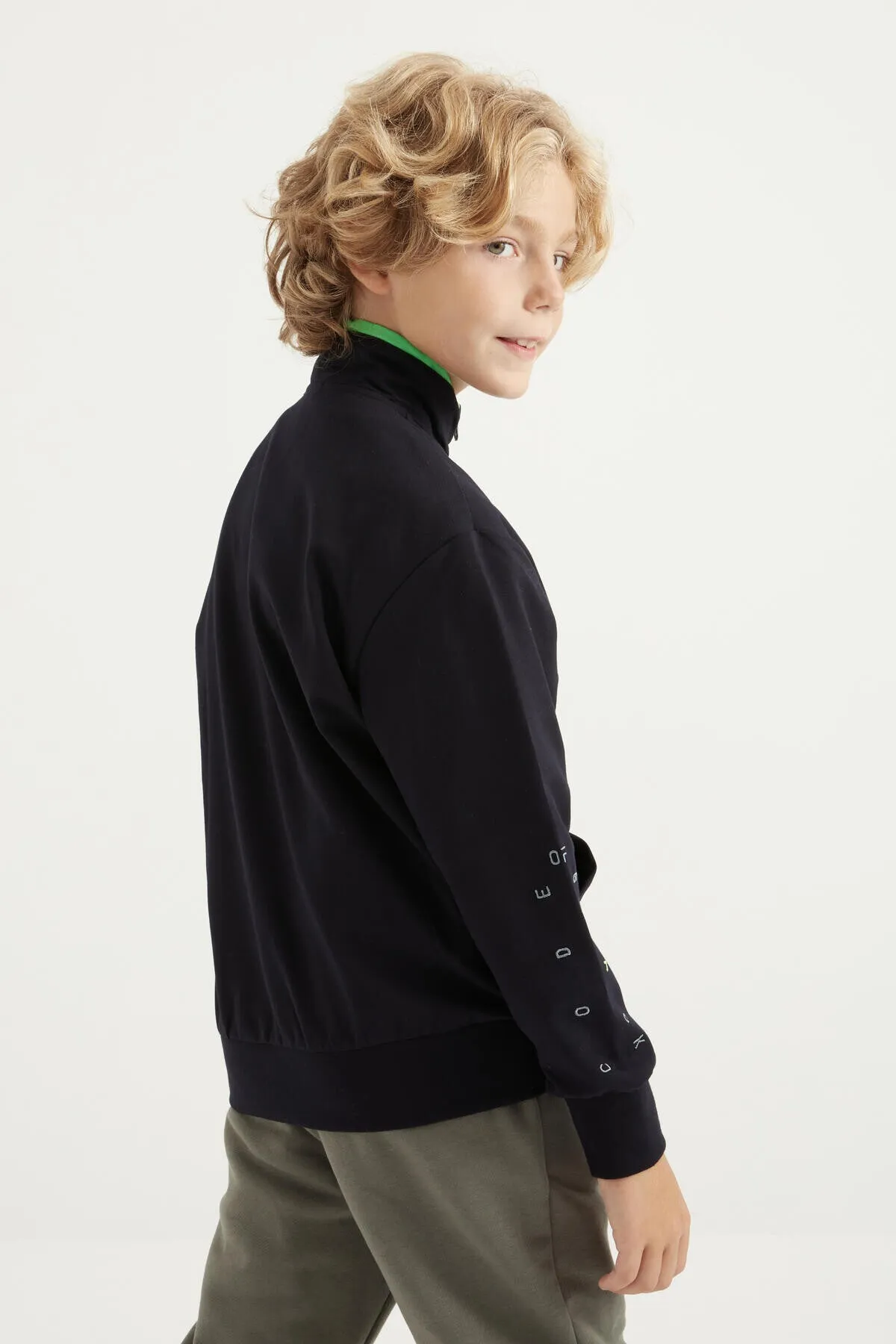 basic dik yaka standart kalip nakiş detayli fermuarli erkek sweatshirt - 11012