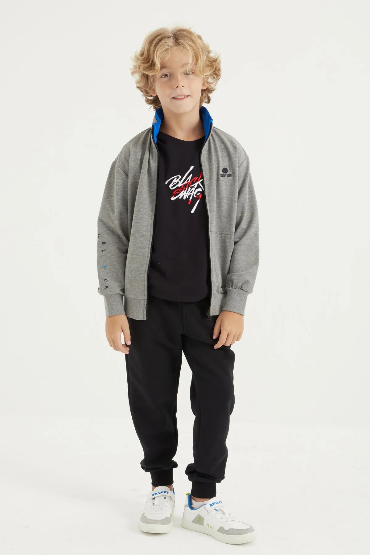 basic dik yaka standart kalip nakiş detayli fermuarli erkek sweatshirt - 11012
