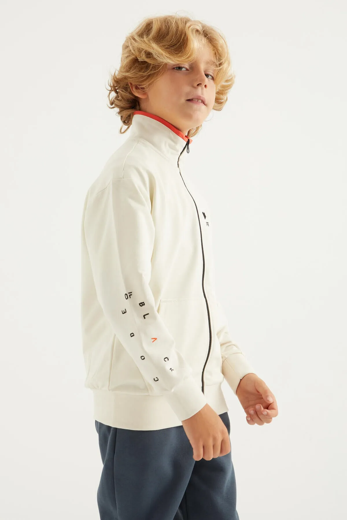 basic dik yaka standart kalip nakiş detayli fermuarli erkek sweatshirt - 11012