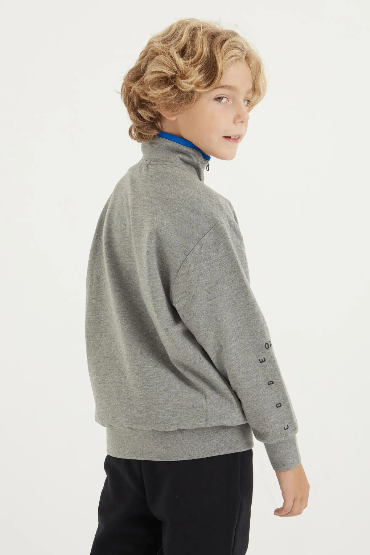 basic dik yaka standart kalip nakiş detayli fermuarli erkek sweatshirt - 11012
