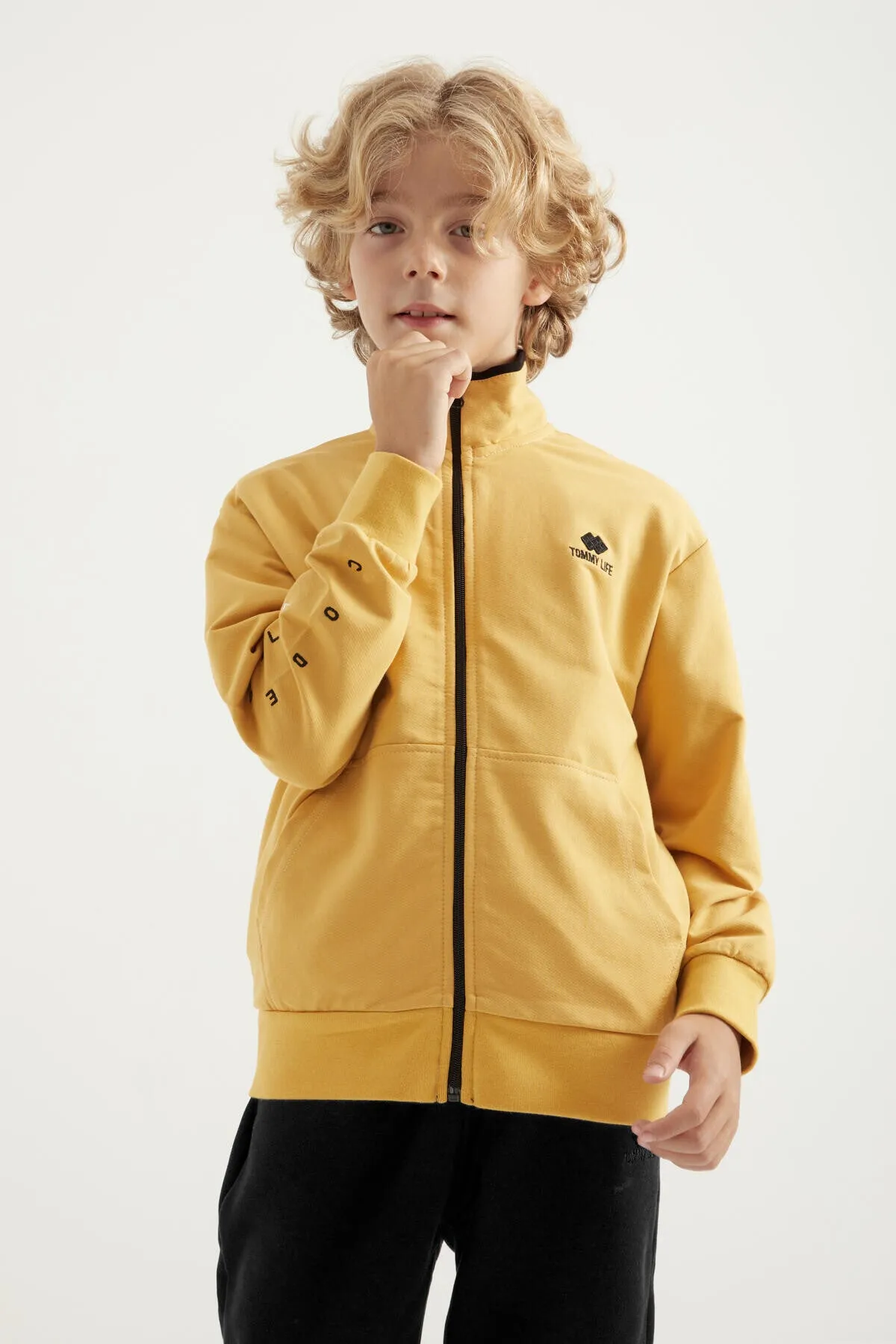 basic dik yaka standart kalip nakiş detayli fermuarli erkek sweatshirt - 11012