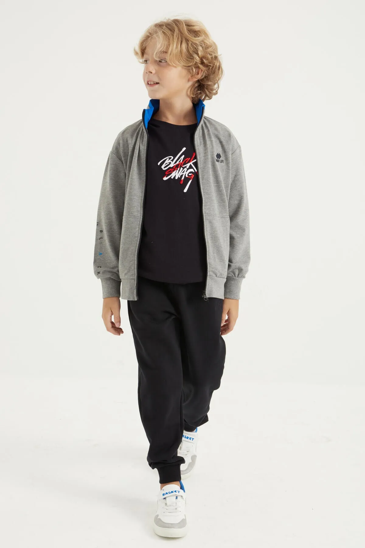 basic dik yaka standart kalip nakiş detayli fermuarli erkek sweatshirt - 11012