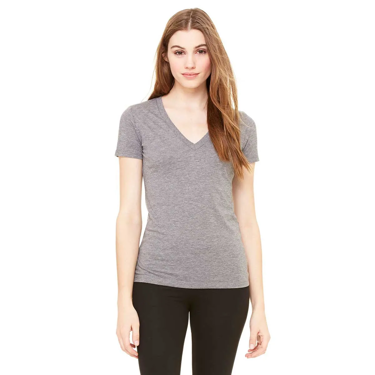 Bella   Canvas Women's Deep Heather Jersey Short-Sleeve Deep V-Neck T-Shirt