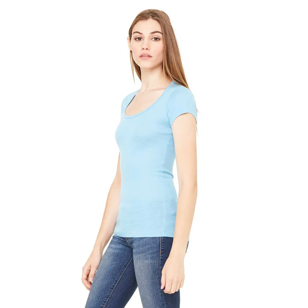 Bella   Canvas Women's Ocean Blue Sheer Mini Rib Short-Sleeve Scoop Neck T-Shirt