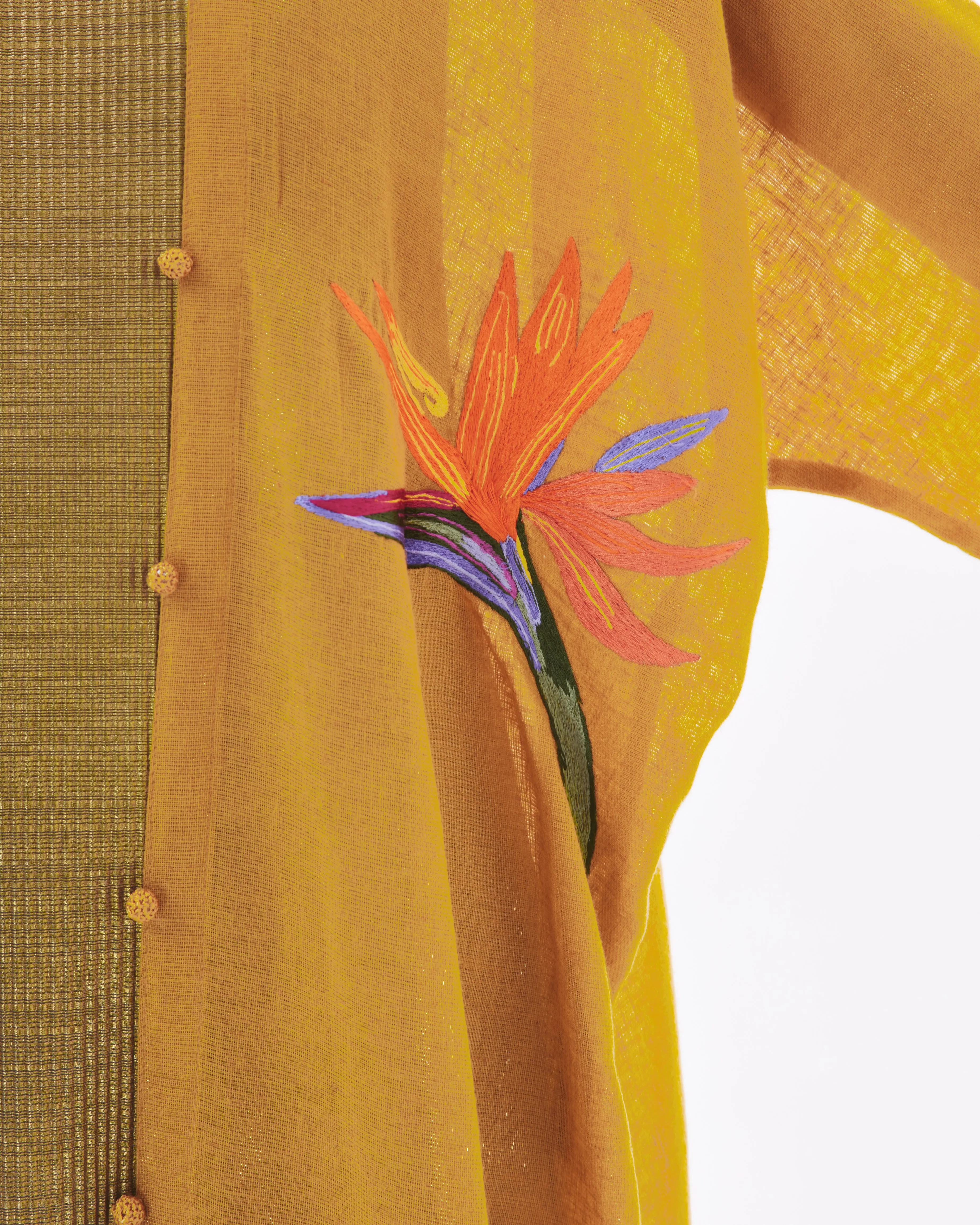BIRD OF PARADISE ON MUSTARD ABAYA