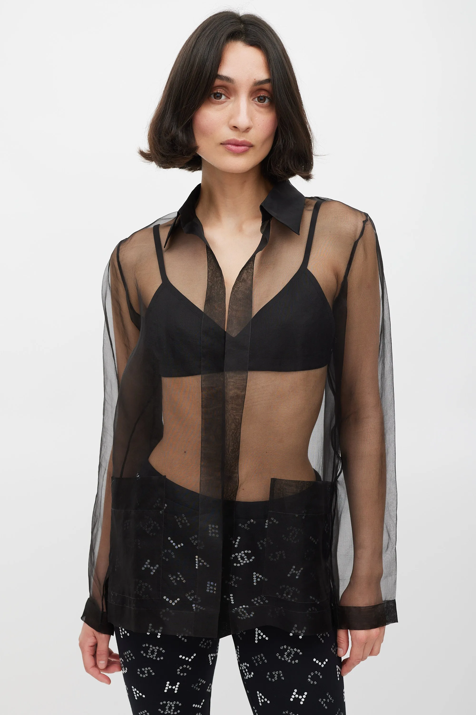 Black Sheer CC Open Front Shirt