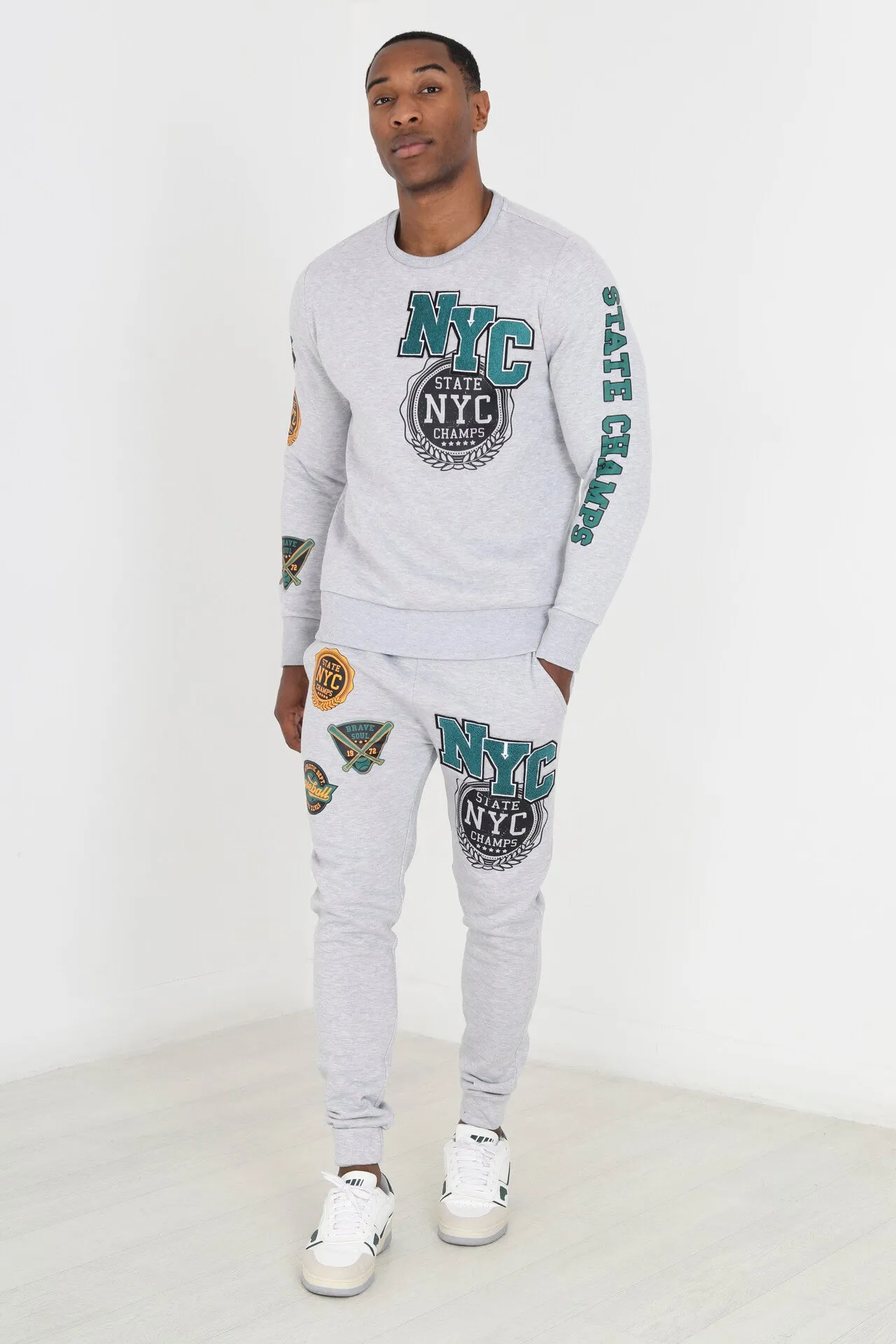 CHEST AND ARM PRINT WITH APPLIQUE DETAIL SWEATSHIRT