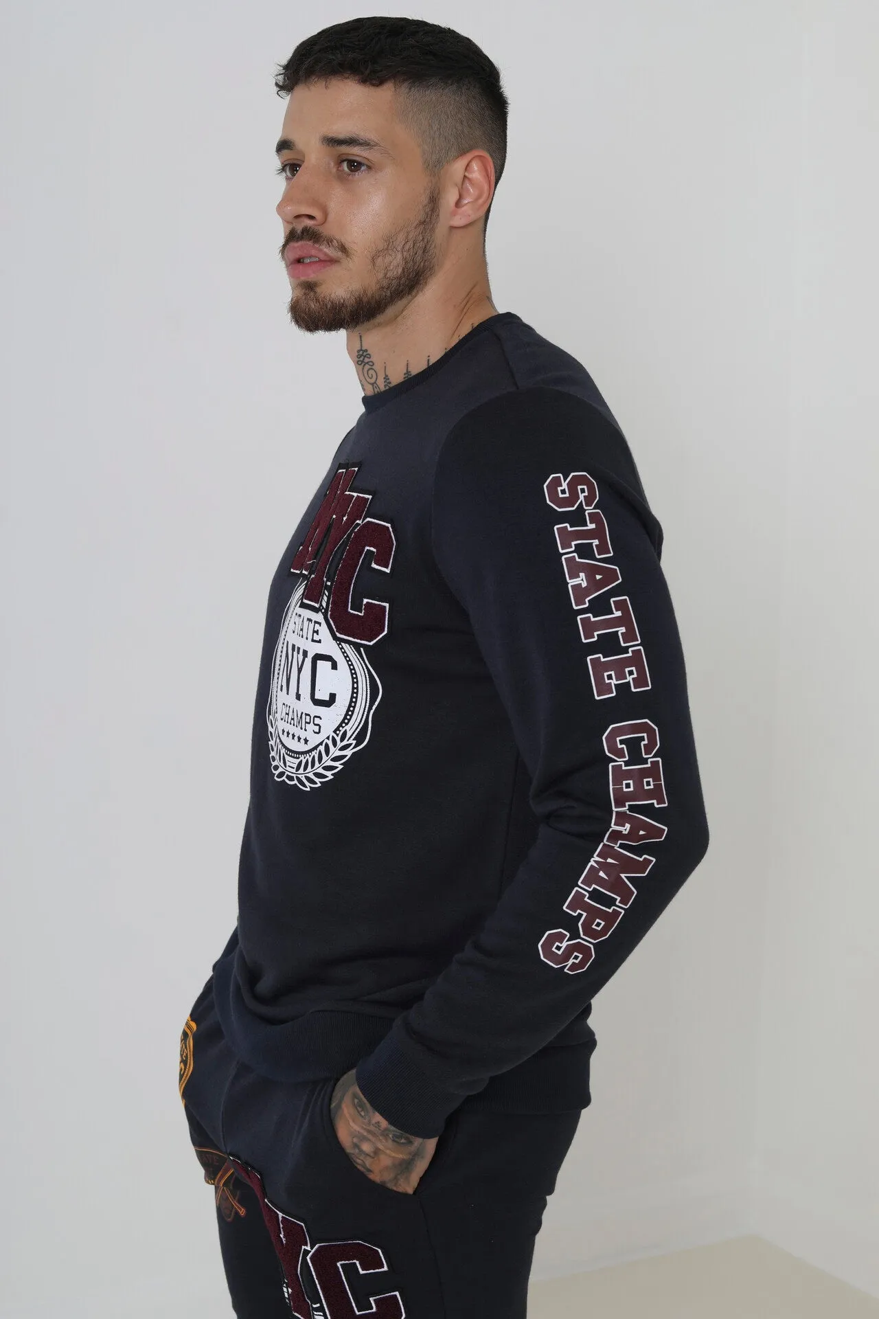 CHEST AND ARM PRINT WITH APPLIQUE DETAIL SWEATSHIRT