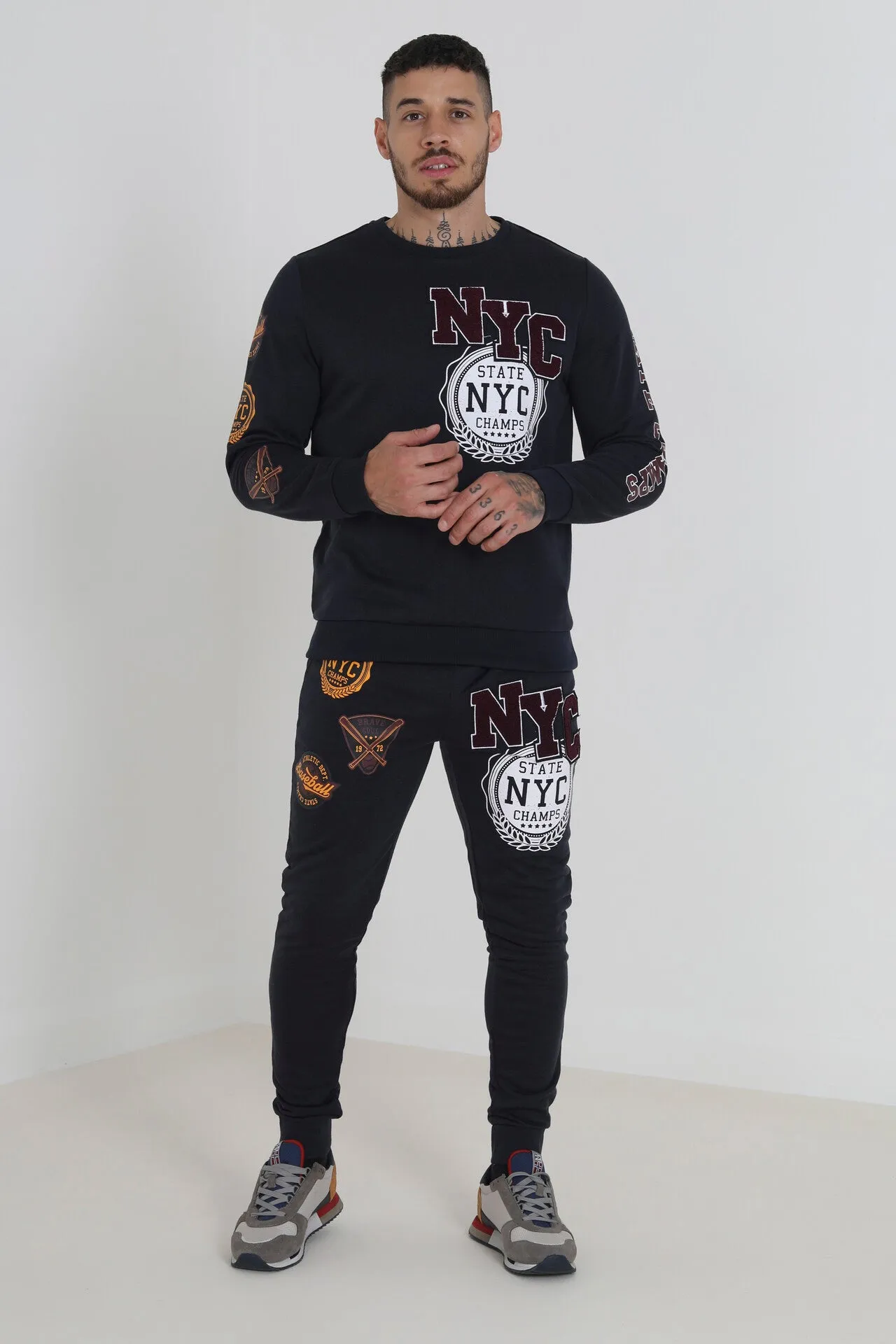 CHEST AND ARM PRINT WITH APPLIQUE DETAIL SWEATSHIRT