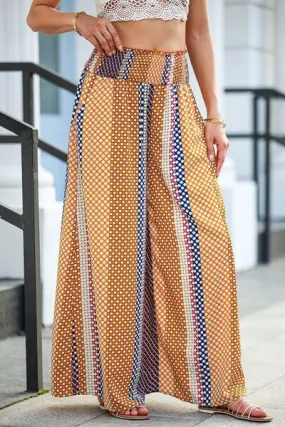 Chic Smocked Palazzo Pants with Vibrant Print and Comfortable Wide Waistband