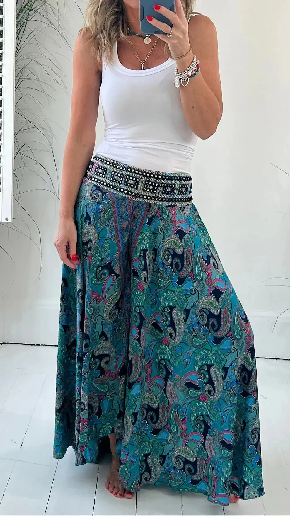 Clevecorner™ Ethnic Paisley Print Elastic Patchwork Waist Pants