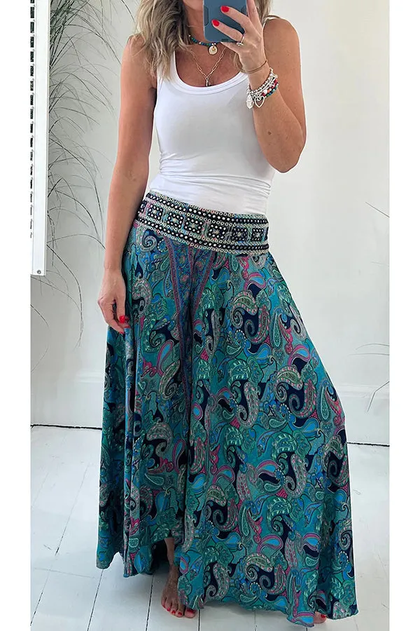 Clevecorner™ Ethnic Paisley Print Elastic Patchwork Waist Pants