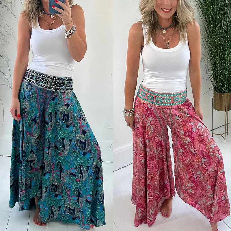 Clevecorner™ Ethnic Paisley Print Elastic Patchwork Waist Pants