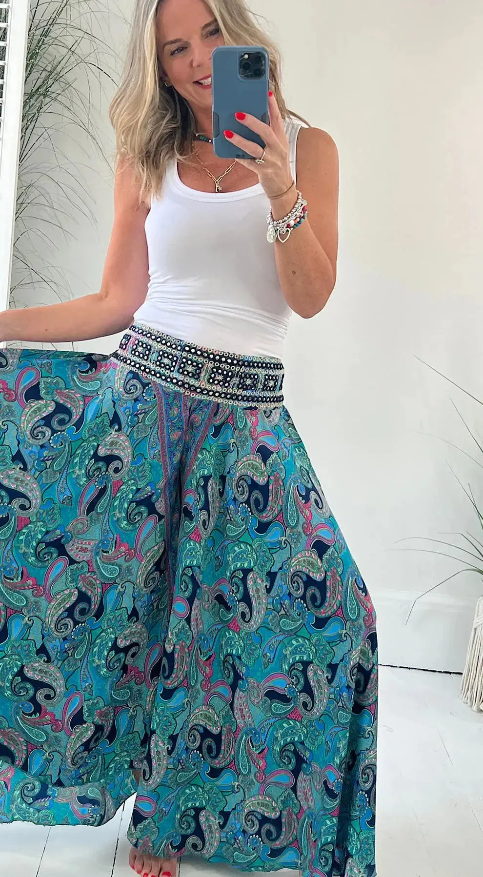 Clevecorner™ Ethnic Paisley Print Elastic Patchwork Waist Pants