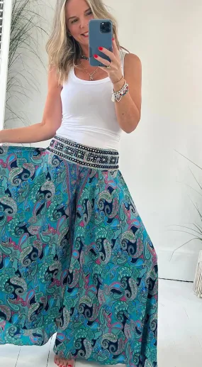 Clevecorner™ Ethnic Paisley Print Elastic Patchwork Waist Pants