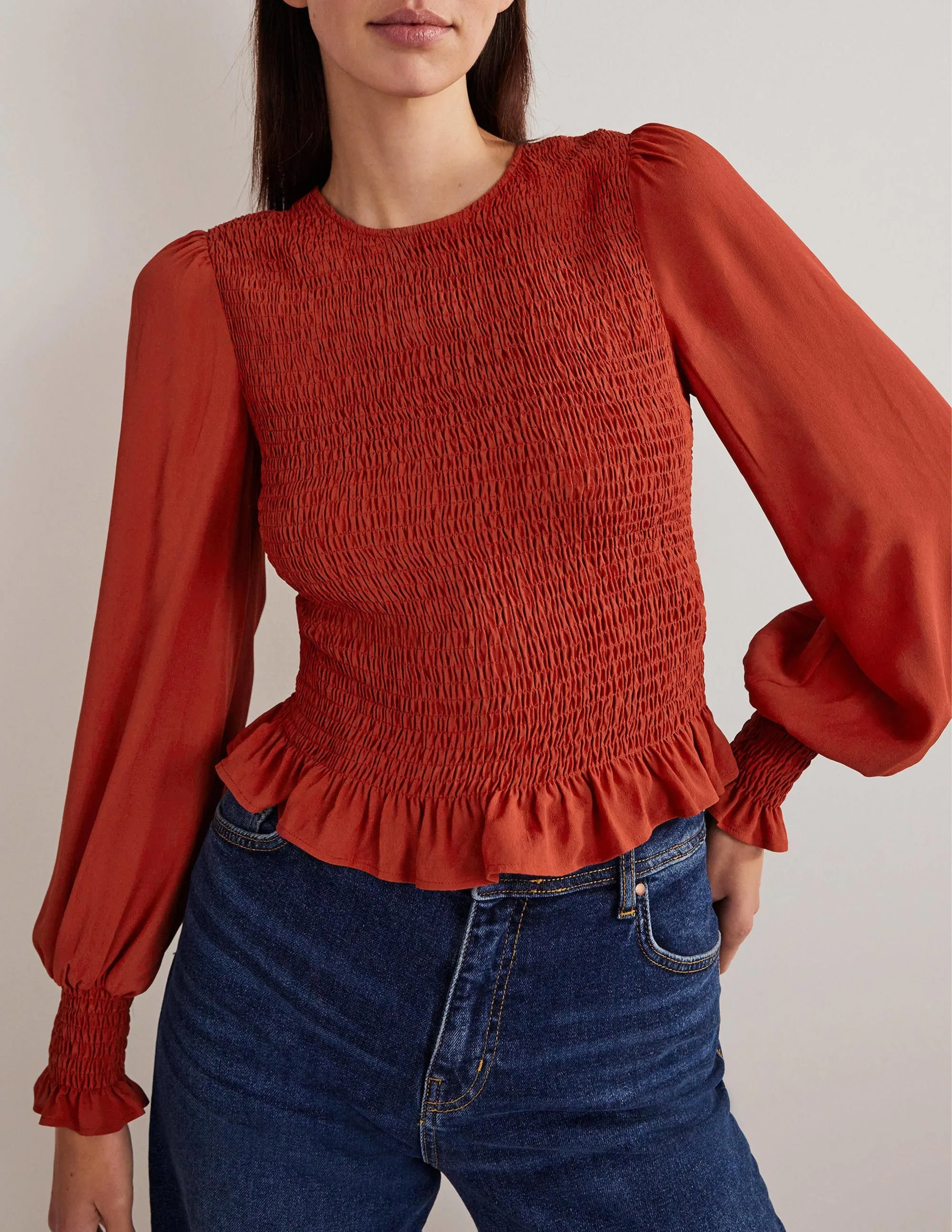 Crew Neck Smocked Bodice Top-Chili Oil