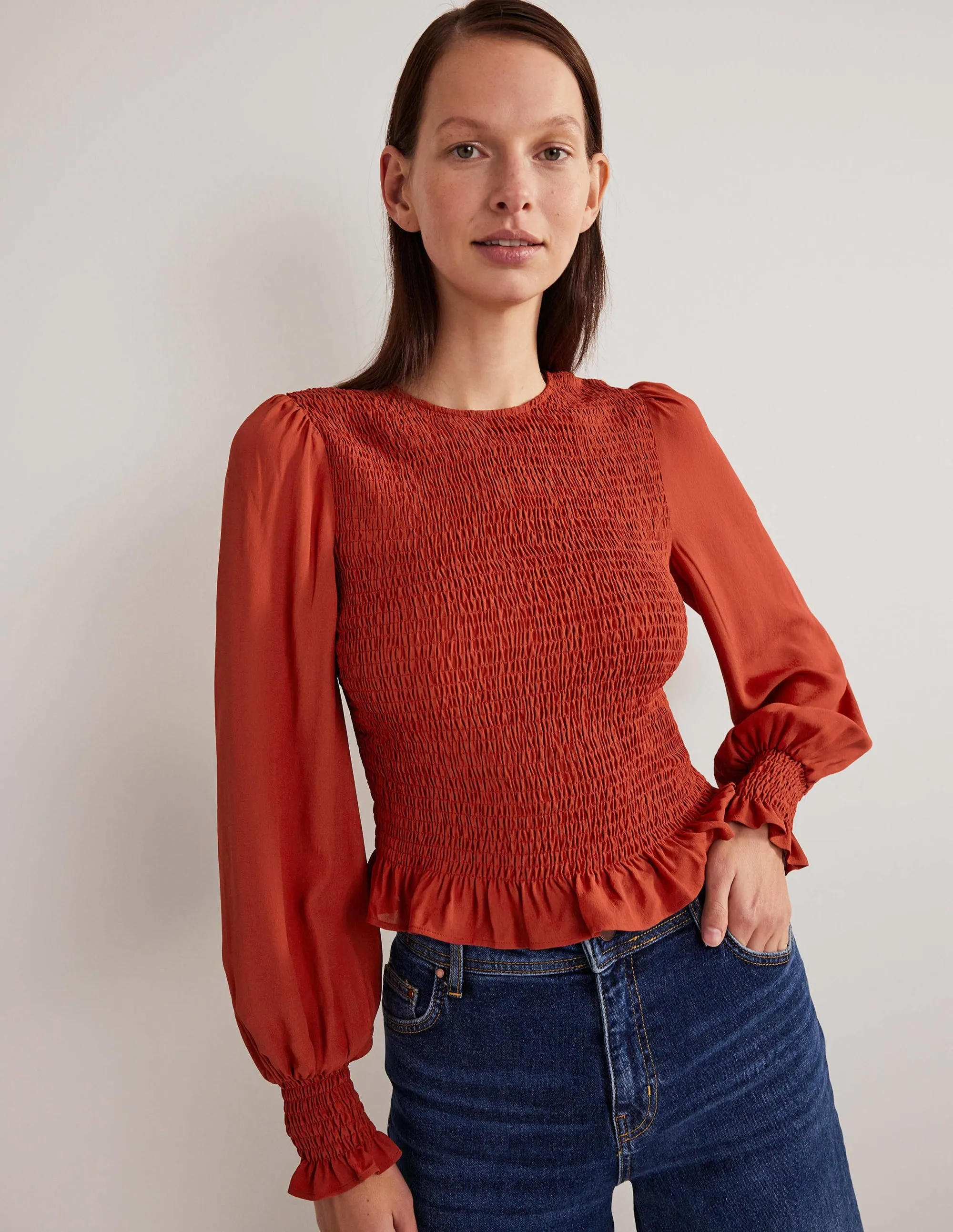 Crew Neck Smocked Bodice Top-Chili Oil