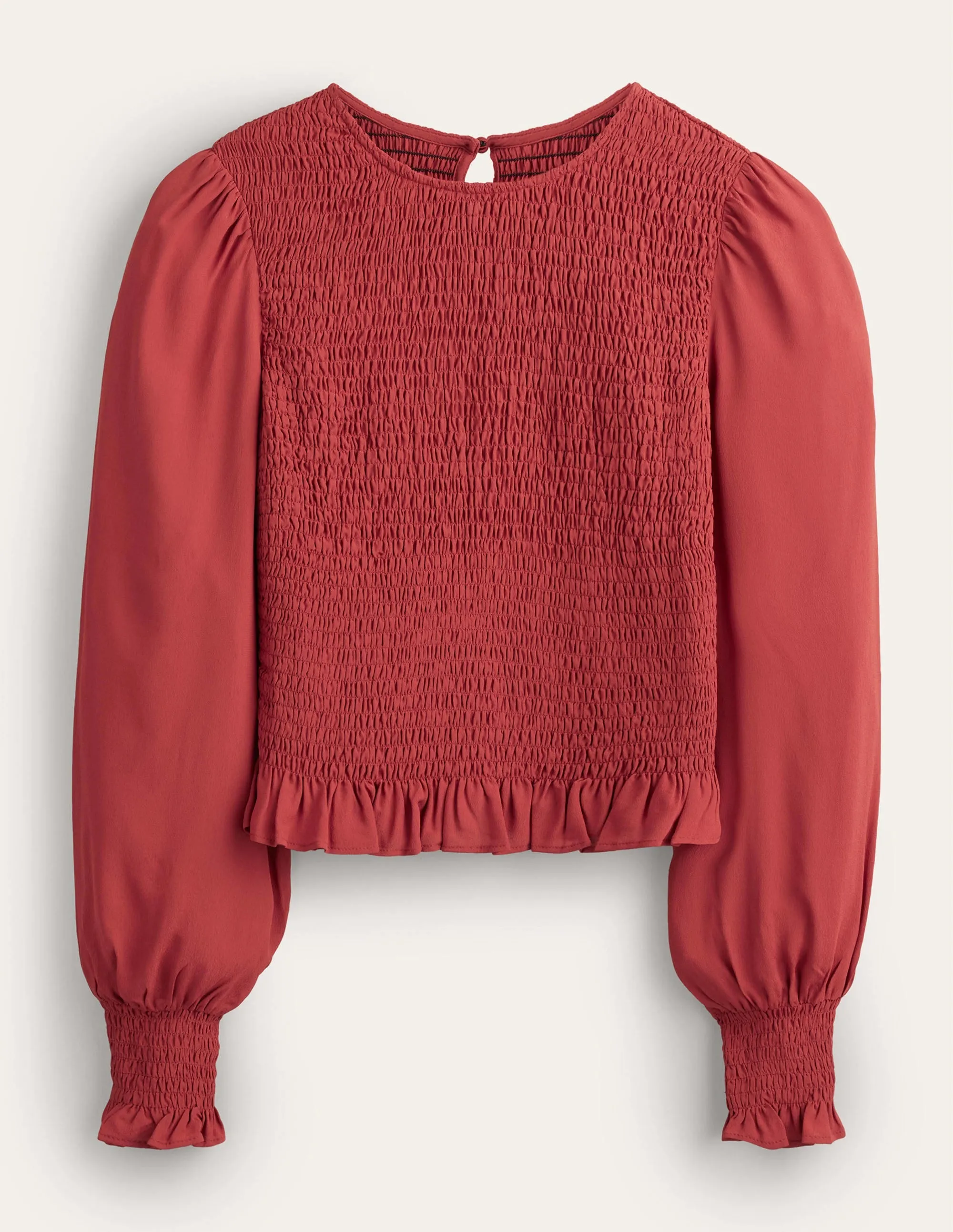 Crew Neck Smocked Bodice Top-Chili Oil