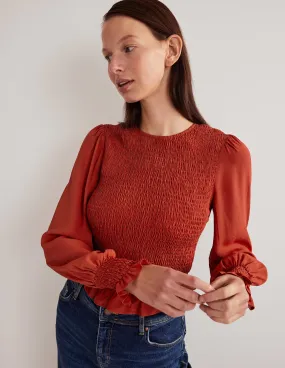Crew Neck Smocked Bodice Top-Chili Oil