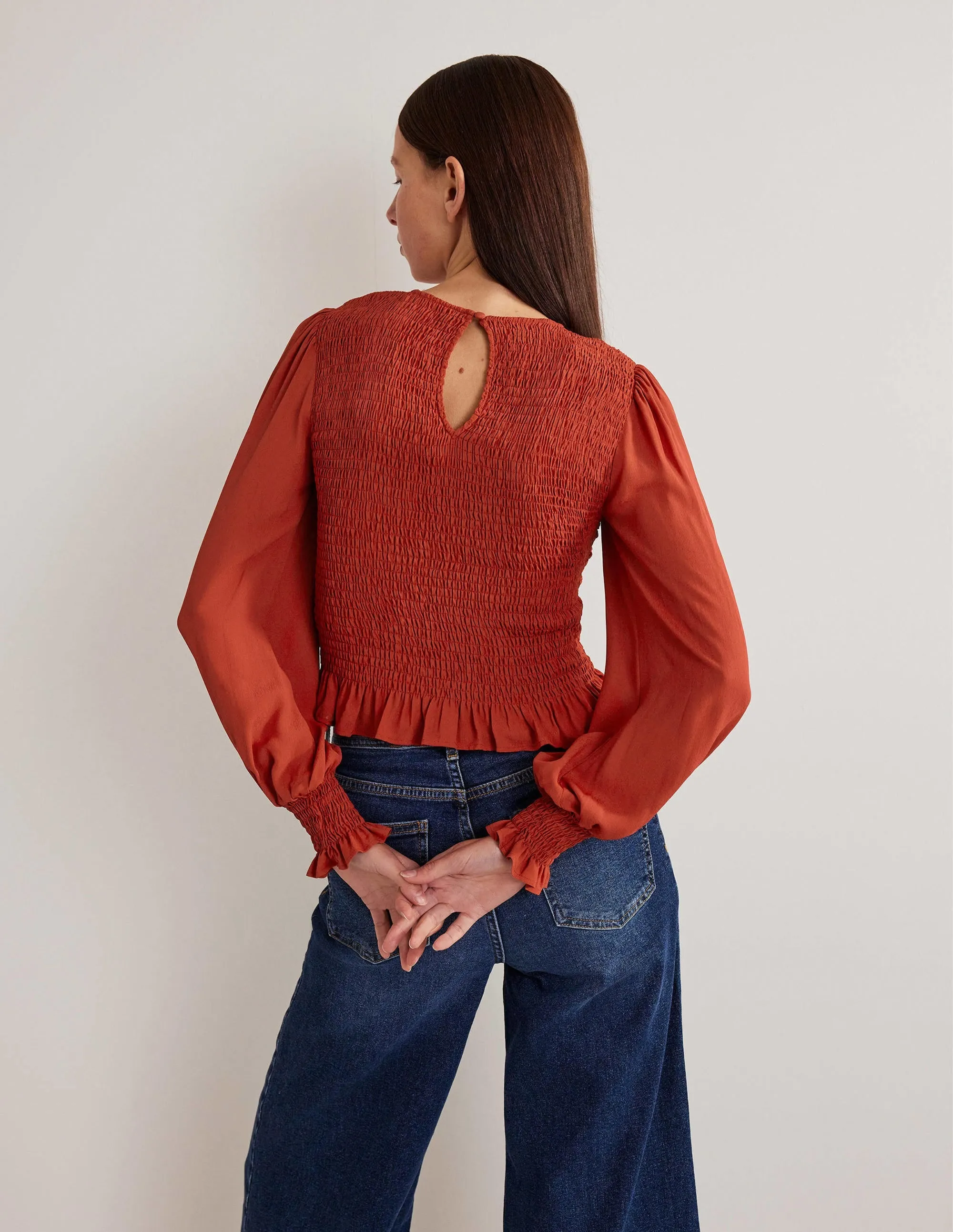 Crew Neck Smocked Bodice Top-Chili Oil