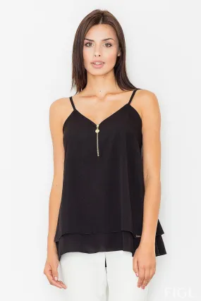 Elegant Monochrome Sleeveless Blouse with Luxe Gold Zip Detail