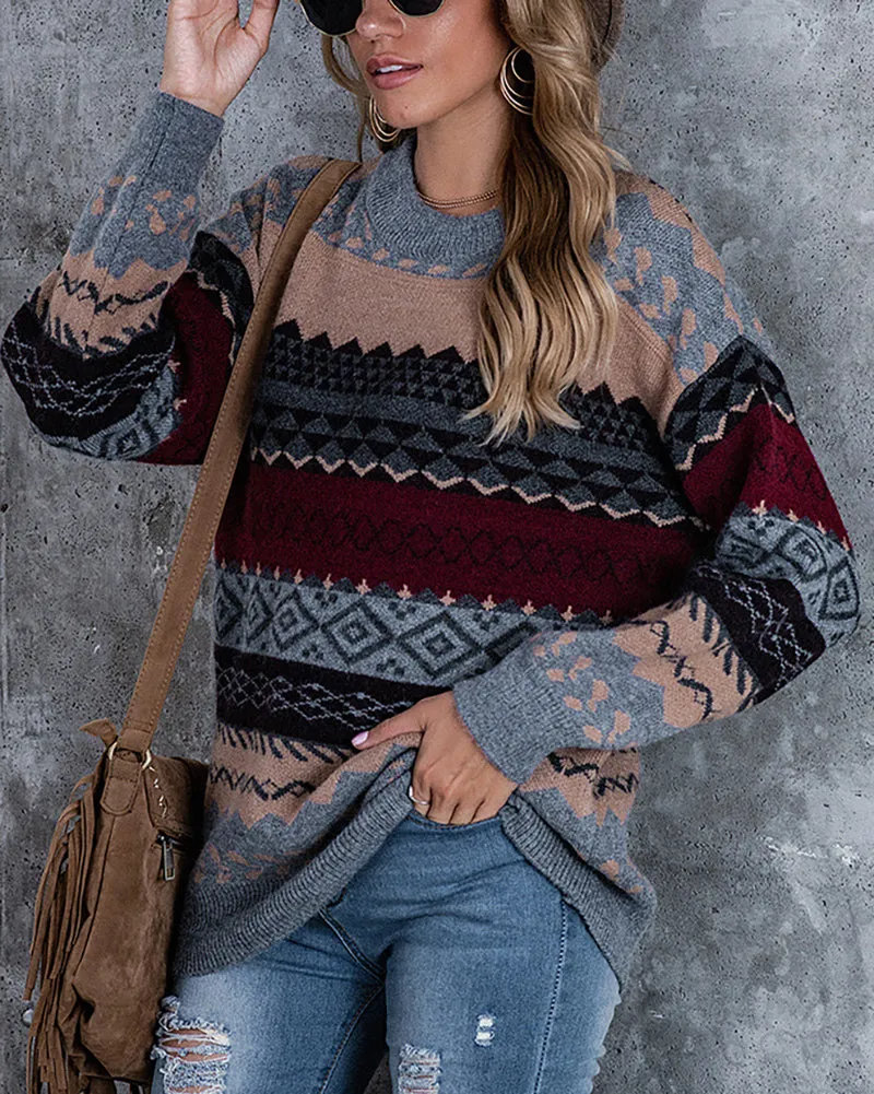 Ethnic Print Cozy Casual Knitted Pullover Sweater