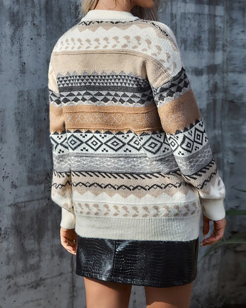 Ethnic Print Cozy Casual Knitted Pullover Sweater