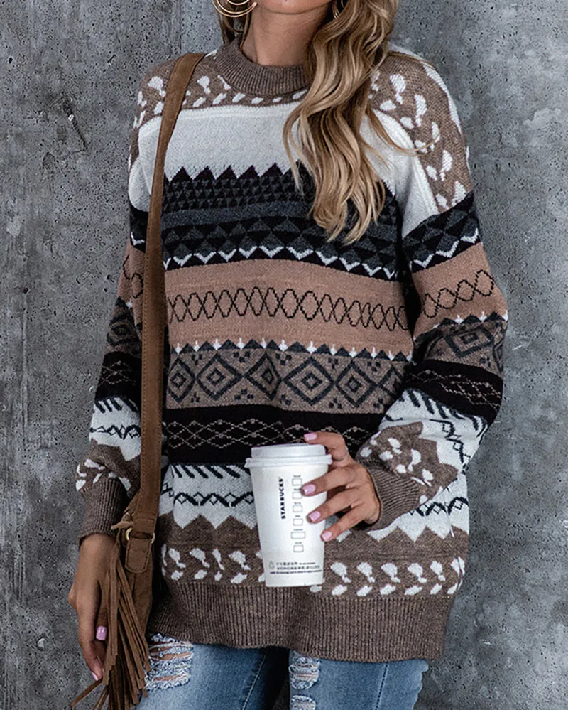 Ethnic Print Cozy Casual Knitted Pullover Sweater