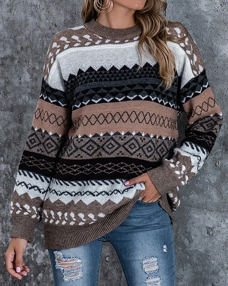 Ethnic Print Cozy Casual Knitted Pullover Sweater