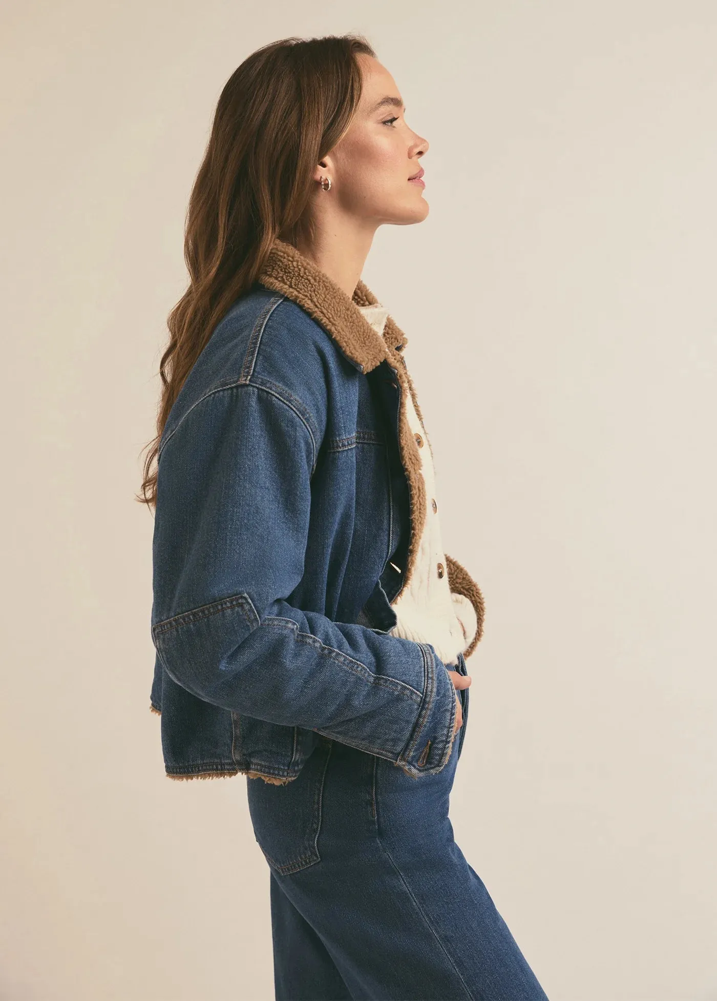 Favorite Daughter The Bridget Crop Denim and Shearling Jacket- Concord Blue