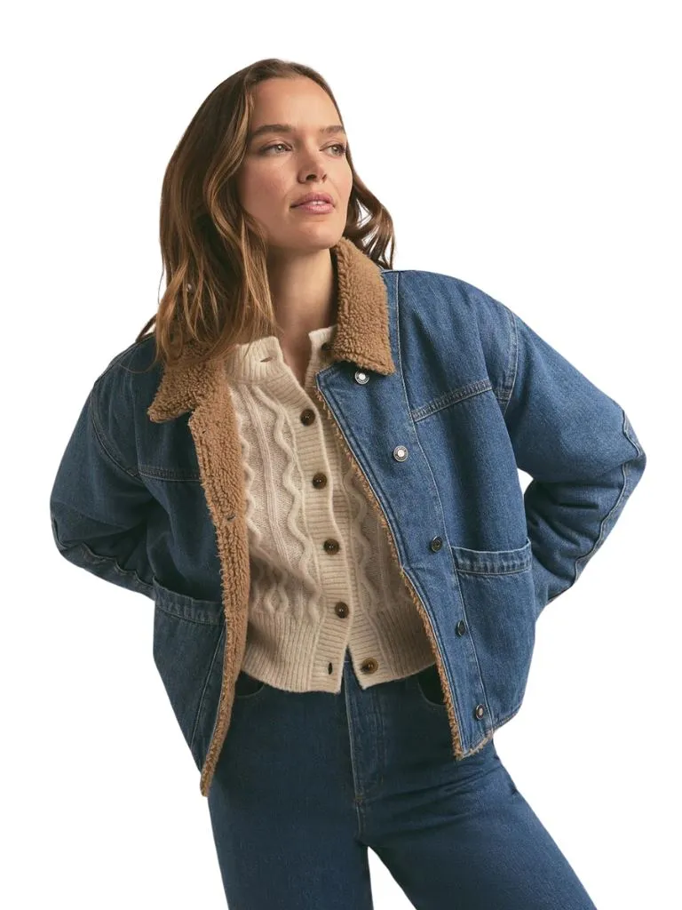 Favorite Daughter The Bridget Crop Denim and Shearling Jacket- Concord Blue