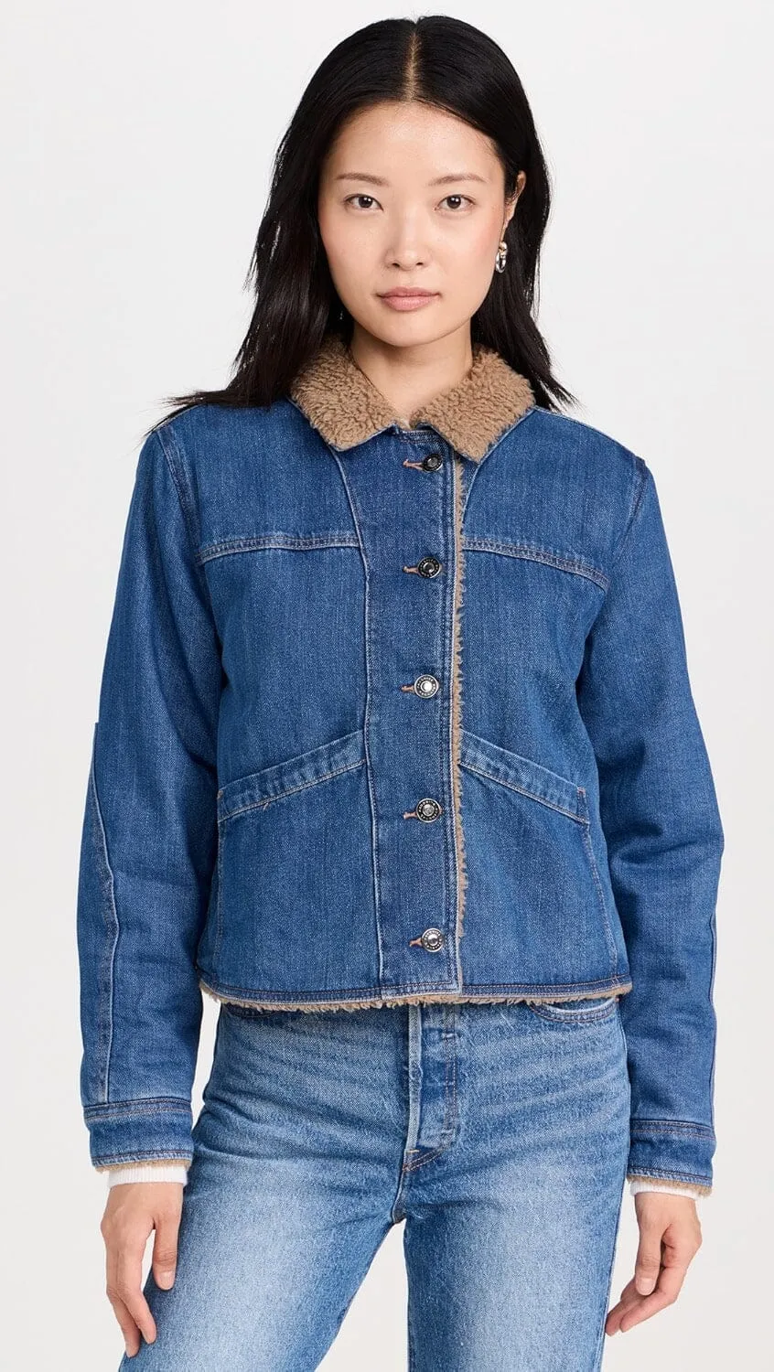 Favorite Daughter The Bridget Crop Denim and Shearling Jacket- Concord Blue