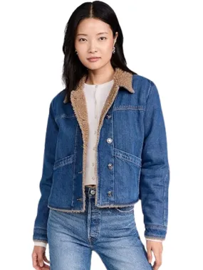 Favorite Daughter The Bridget Crop Denim and Shearling Jacket- Concord Blue