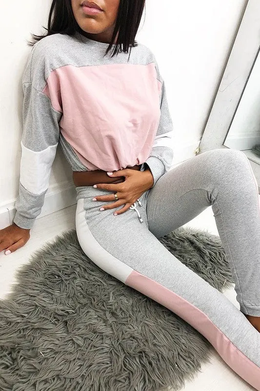 Fueled By Coffee Long Sleeve Splicing Two Piece Set - Gray