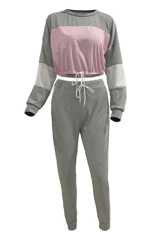 Fueled By Coffee Long Sleeve Splicing Two Piece Set - Gray
