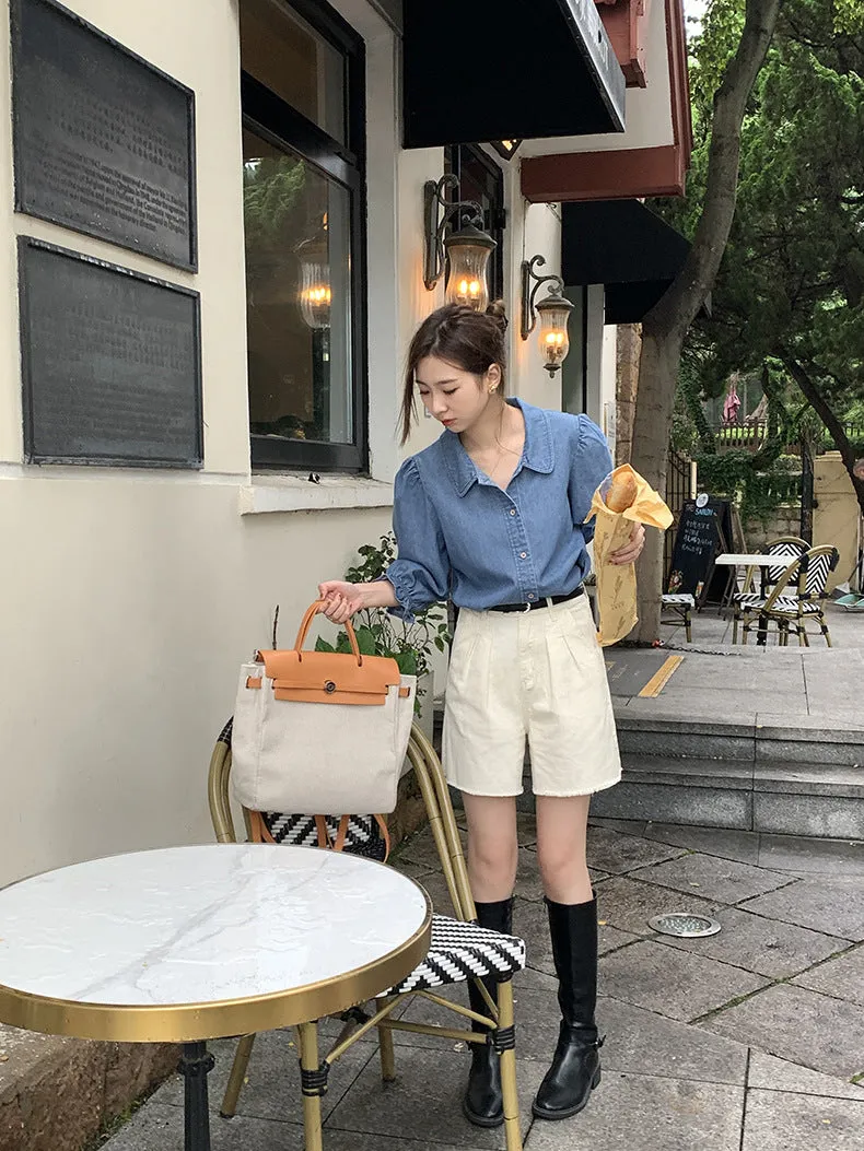 [Korean Style] Chic Rounded Collar Puff Sleeve Denim Shirts